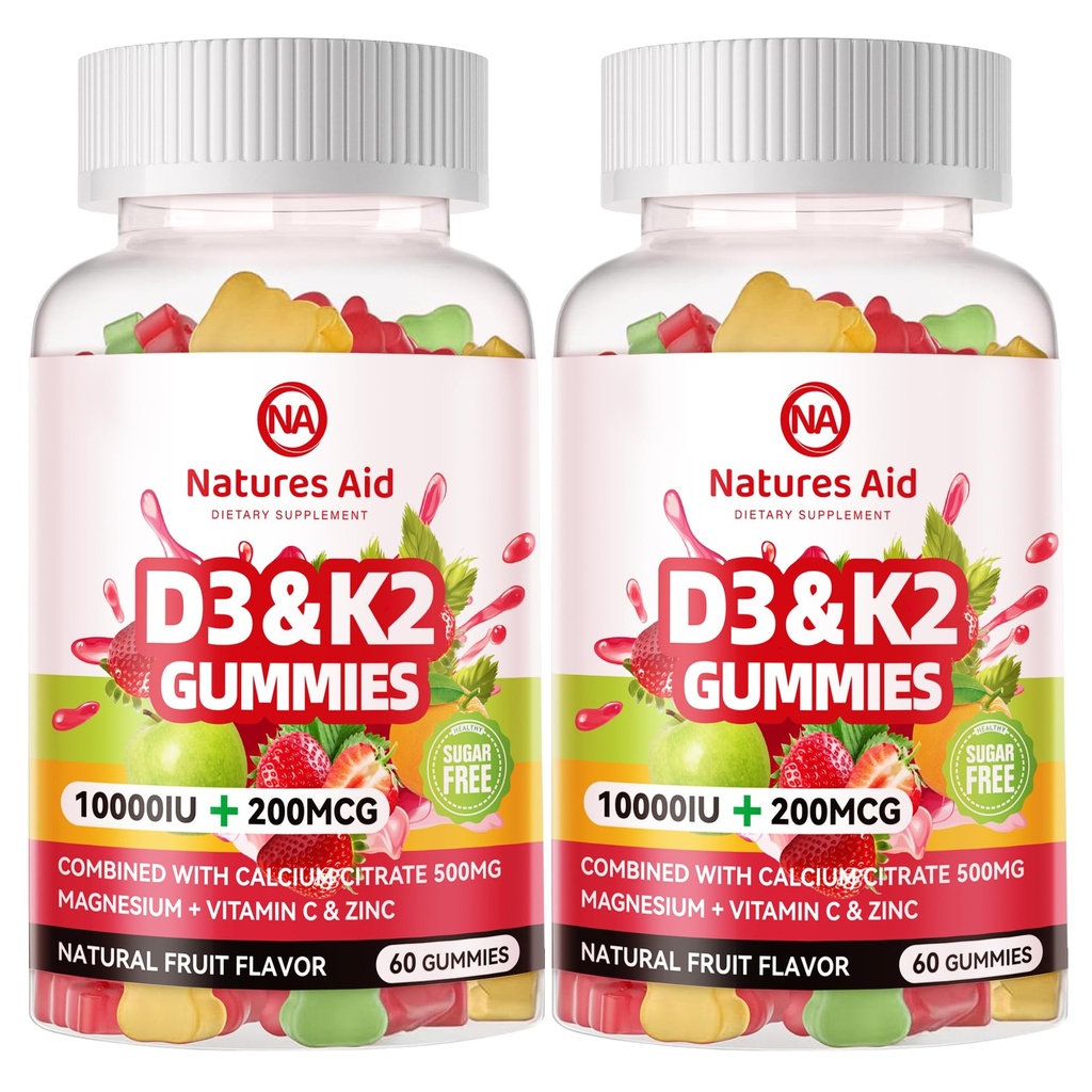 Natury Pomoc Bez cukrów Witamina D3 K2 Gummie z wapniem + K2 (MK- 7), Cytrynian magnezu, Witamina C, Dodatkowa siła - Ostateczna Absorpcja dla Zębów mięśniowych kości immunologiczne, Wegan - 120 Gummie