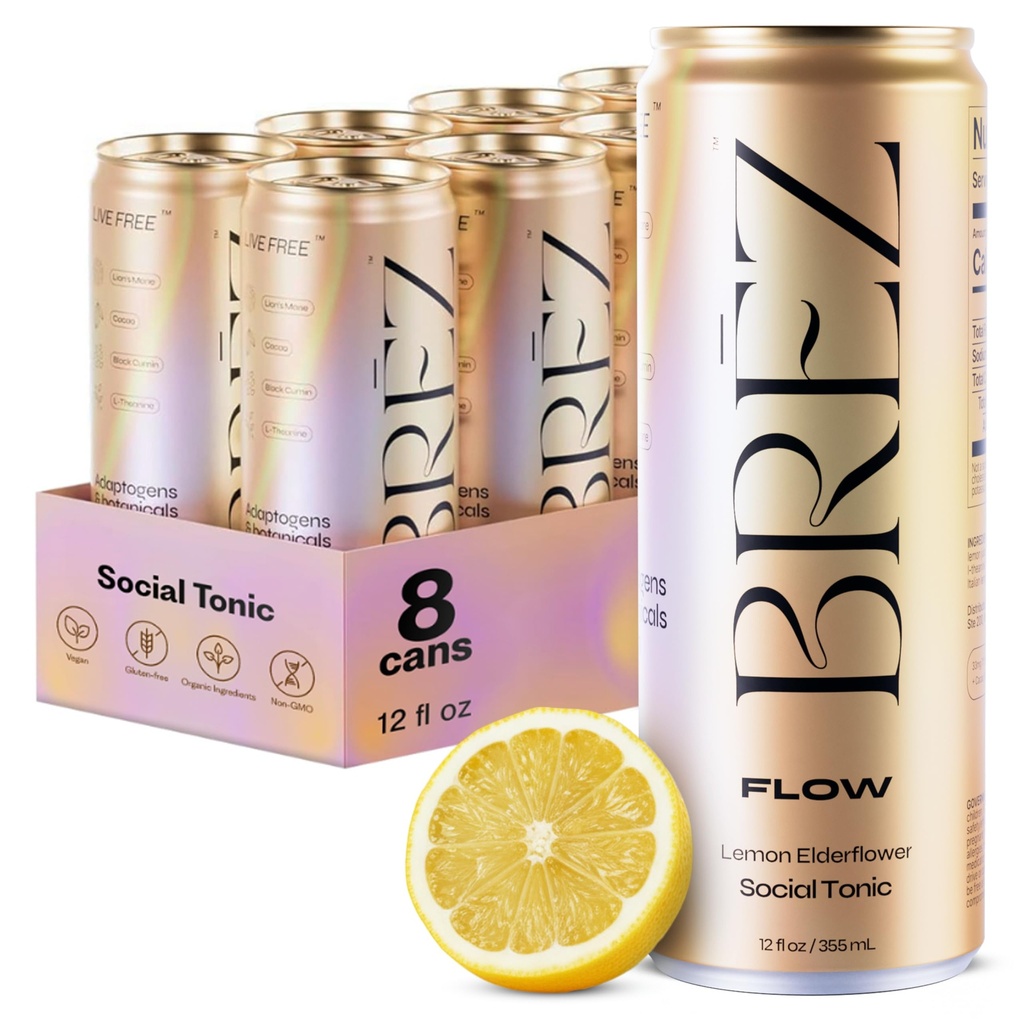 BREZ FLOW Mushroom Mane Mushroom Drink, 8- Pack, Non-Infused, Adaptogens, Relieving, Podnoszenie, i społeczne, musujące Lemon Elderflower Tonic 12 Fl oz