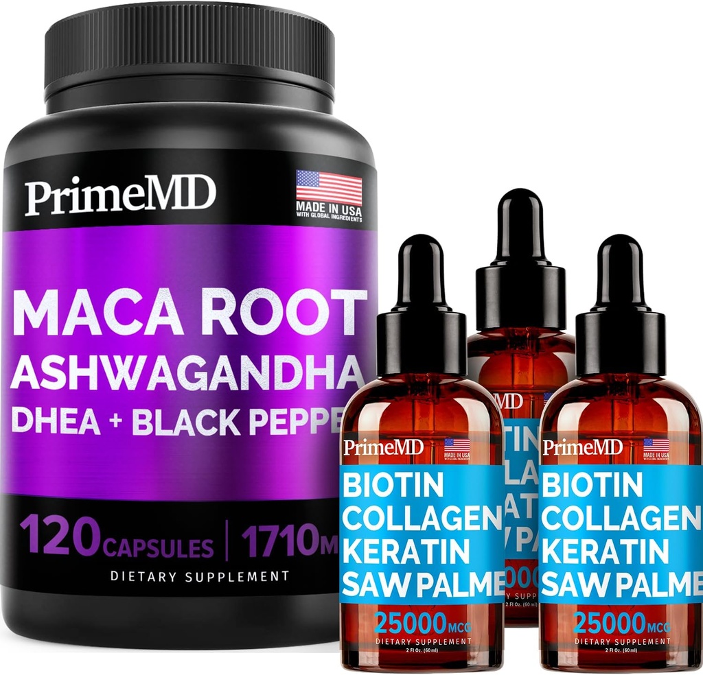4- in-1 Liquid Biotin Colagen Keratin Saw Palmetto Drops (2 fl oz - 3 Pack) & 6- in-1 Maca Root Ashwagandha w Czarnych owocach pieprzu (120ct) Bundle - włosy, skóra, paznokcie, suplement do wsparcia energii i nastrojów