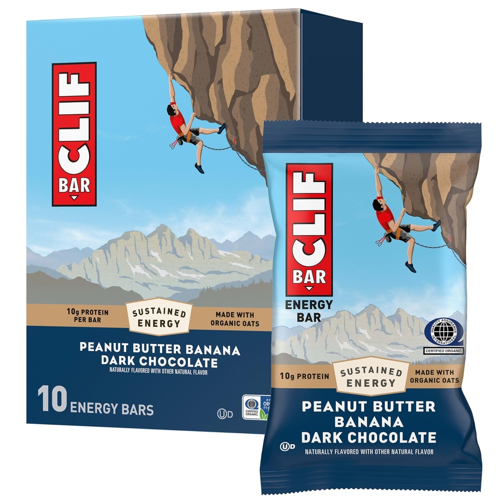 CLIF BAR - Bary z białkami energetycznymi - Banana z masłem orzechowym z ciemną czekoladą - Wykonane z owsa organicznego - Bary energetyczne - Non-GMO - (10 opakowań)