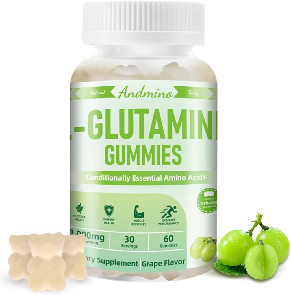 Glutaminy L- Glutamina Gummies 1000 mg, z Trehalose, L Glutamina Suplement wsparcie jelit, Boost Immune & Muscle Health, dla dorosłych i dzieci, Non-GMO, Wegan, Gluten Free, Grape Flavor, 60