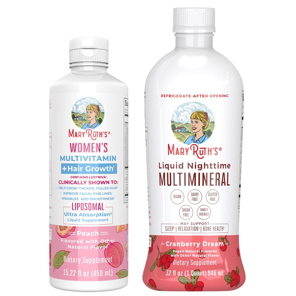 MaryRuth 's Women' s Multivitamin + Liposomal wzrostu włosów (Peach) & Liquid Nighttime Multimineral (Żurawina) 124; Projekt czystego etykiety zweryfikowany ® Bilans 124; Wegan 124; Piękno, czas snu, & Ogólne zdrowie