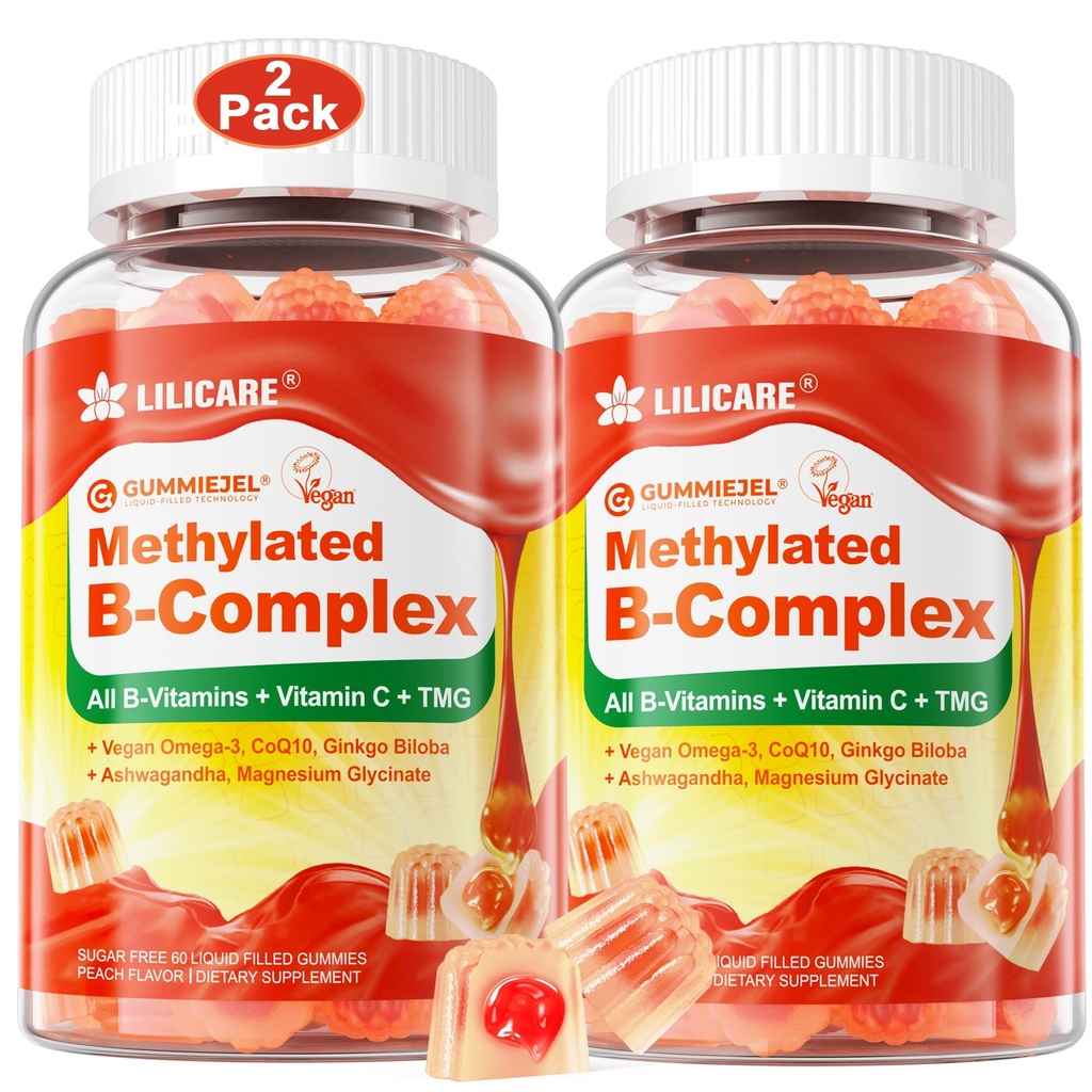 Kompleks Super Witaminy B kobiet i mężczyzn, Metylowane w / Omega 3, Magnez, CoQ10, Ashwagandha, Witamina C, TMG, Cukier wolny - 60 Liczba (Opakowanie po 2)
