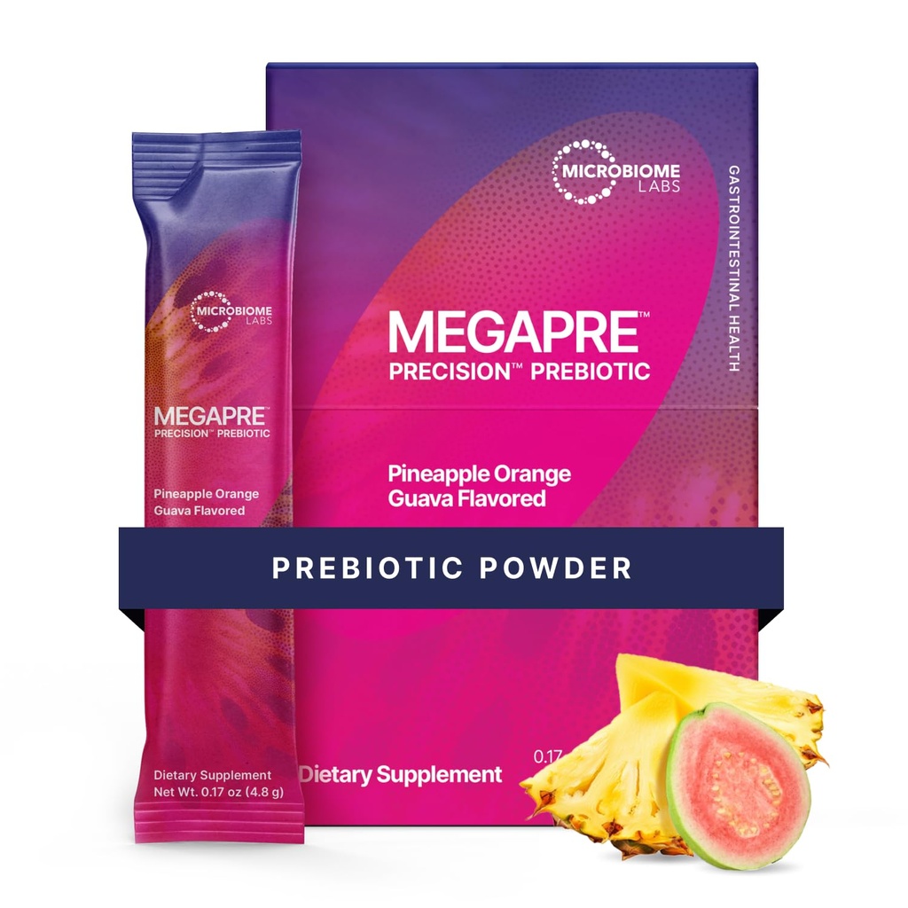 Microbiome Labs MegaPre Prebiotic Fiber Powder for Women, Men & Kids - Presed Dased Prebiotic Fiber Supplement Powder with Clinically Tested Oligosaccharides - Ananas Orange Guava (30 Drink Pakiety)