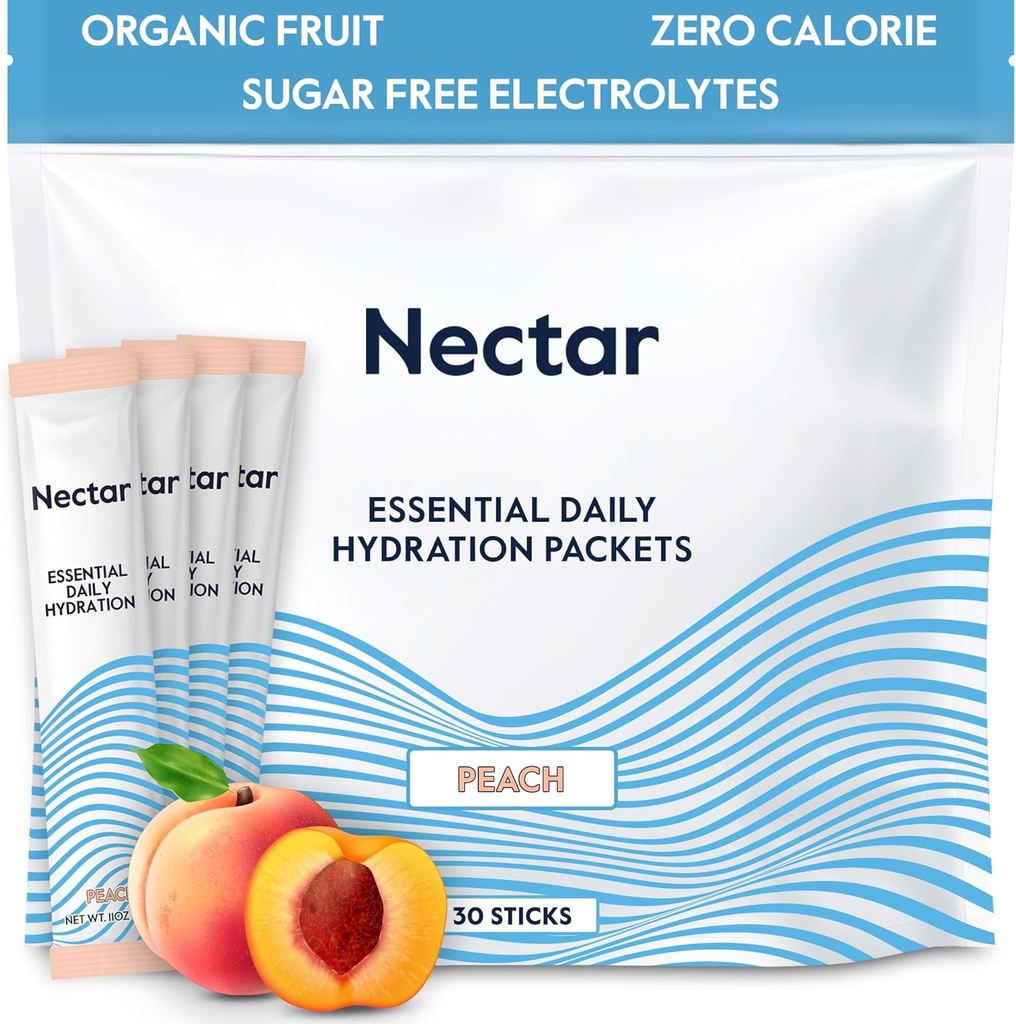Pakiety nawodnienia nektaru - Pakiety proszku elektrolitów - Wolne od cukru & 0 Calorie - Płynne owoce organiczne codziennie IV Proszek do odwadniania Ulgi i szybkiego nawadniania (Peach 30 Pack)