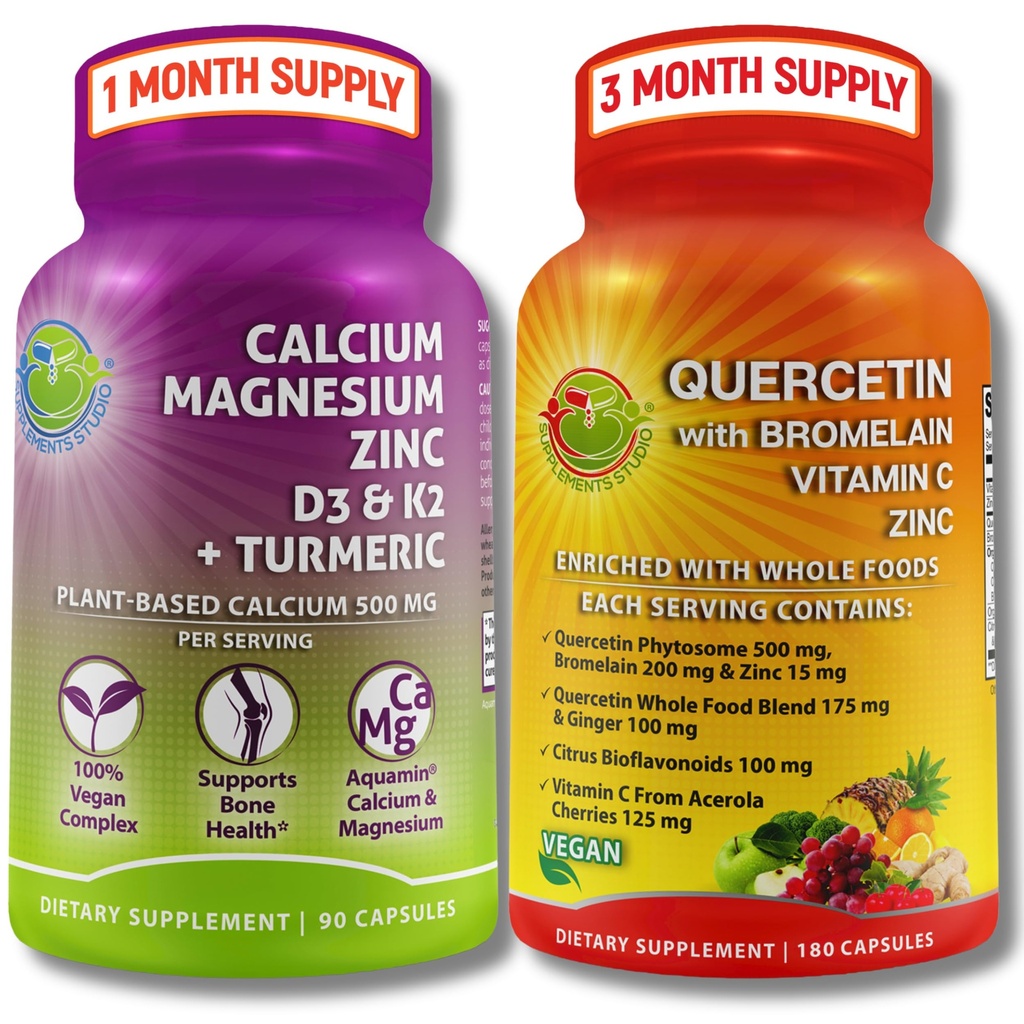 UZUPEŁNIANIE STUDIO Quercetin z bromelainą, witaminą C i cynkiem + bazującym na plancie wapniem, magnezem, D3, K2 & Turmeric - 100% Vegan Supplement Bundle for Immune & Bone Support