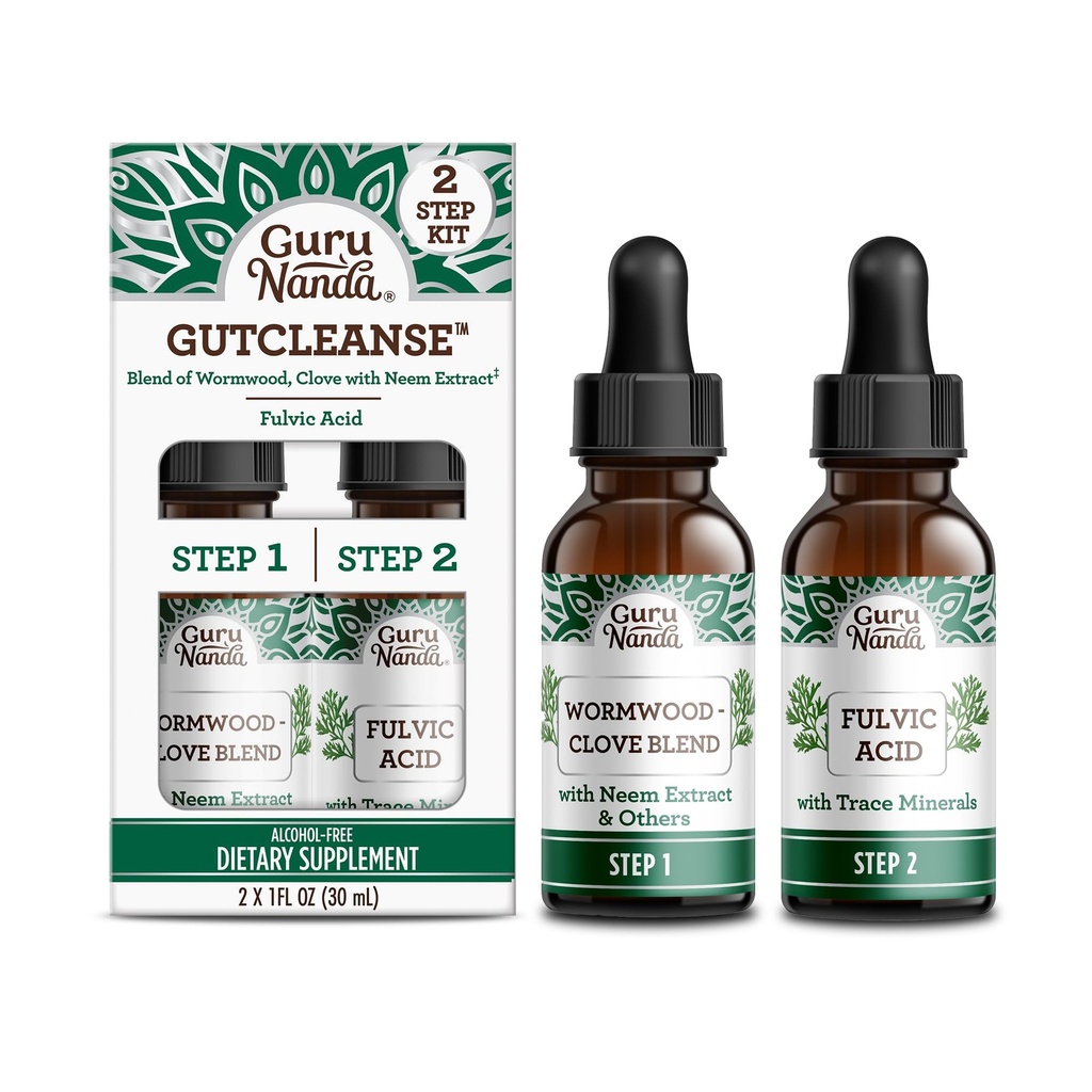 GuruNanda Gutclesse 2-Step Kit - Suplement diety do pomocy w trawieniu - Mieszanka kwasu Fulvic, Wormwood, Wyciąg z goździków i neemów, 2x1 Floz