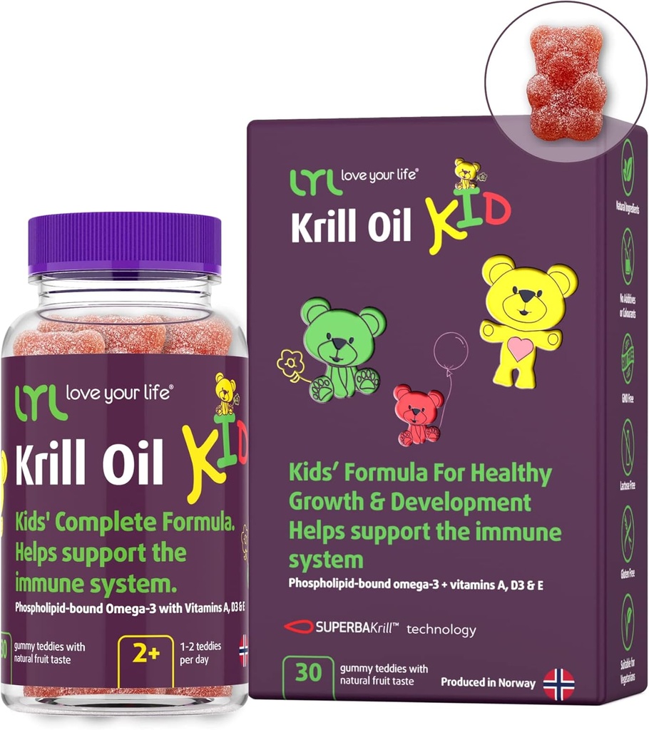 LYL Krill Oil Kid Gummy Bears z witaminą D 3, Witamina E i Witamina A - fosfolipid- Bound Omega 3 dla zdrowego wzrostu i rozwoju - Gummy Bears z pomarańczowym, Jabłko i Maliny Smak (Opakowanie 30)