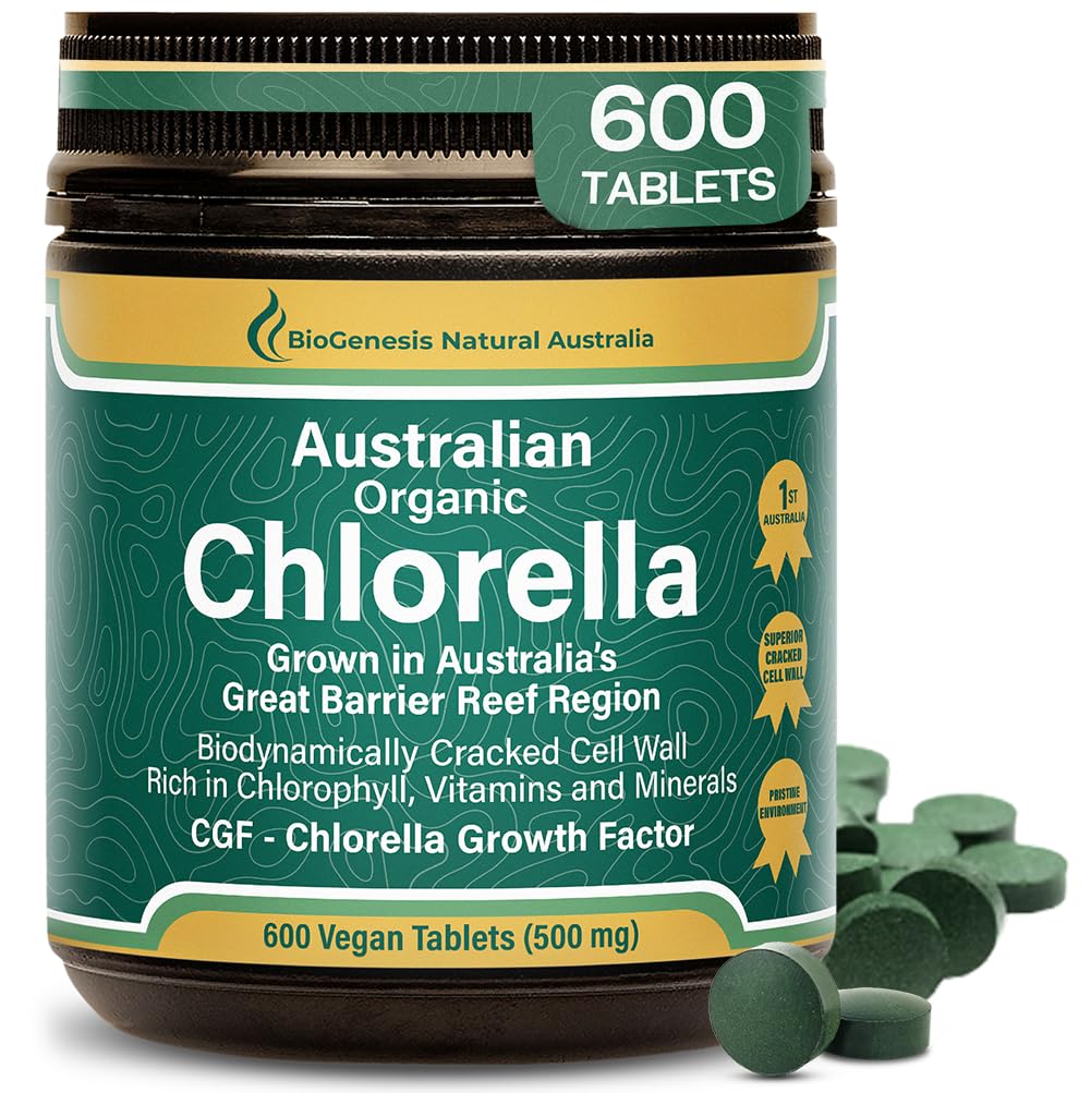 Biogenesis Organic Chlorella Tablets – 600 Count (500mg) | Australian Grown | BioDynamic Cracked Cell Wall | Rich in Chlorophyll, Vitamins & Minerals | Supports Energy & Immunity | Vegan Tablets