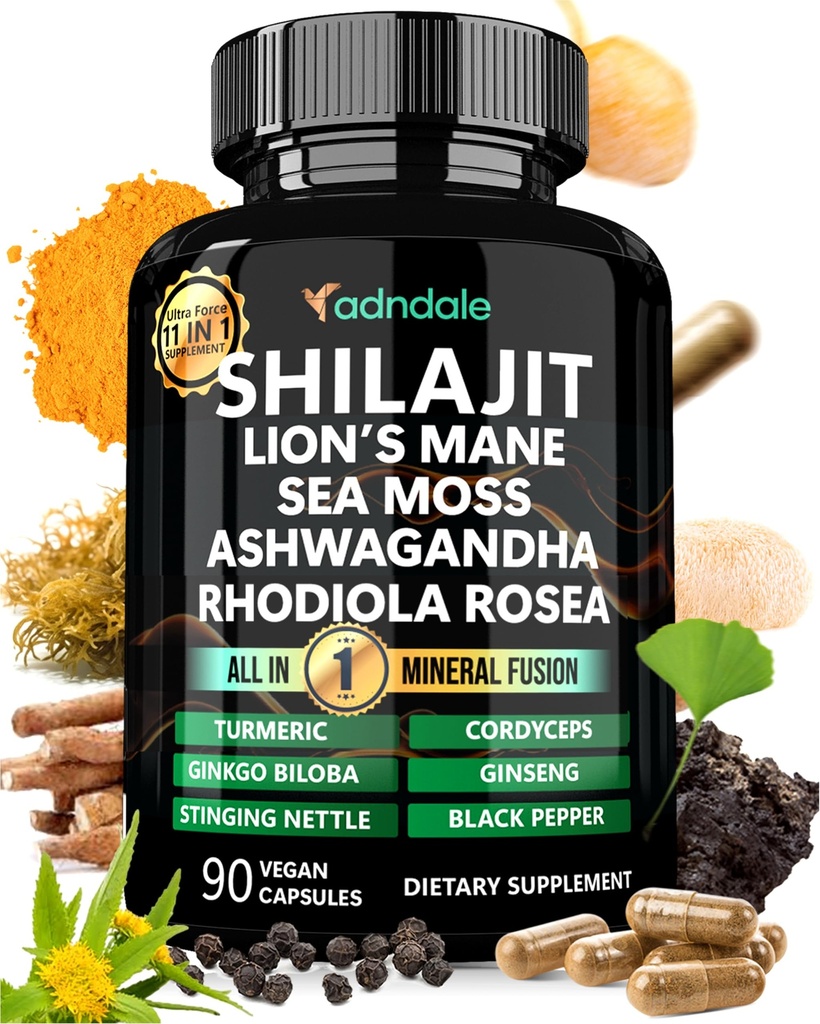 Adndale Shilajit Supplement. Czysty himalajski organiczny Shilajit dla mężczyzn i kobiet Kapsułki z morza Moss Ashwagandha Rhodiola Rosiola Lion 's Mane. 90