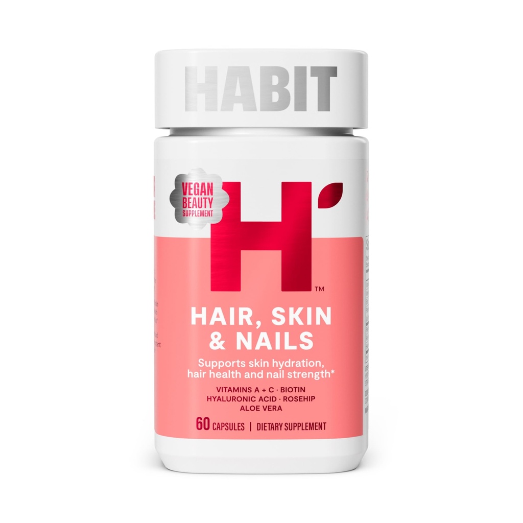 Habit Hair, Skin & Nails Supplement (60 Kapsułek) - Nowy wygląd, Wspiera nawadnianie skóry, Siła włosów i paznokci, Biotin 2000mcg, Witamina A & C, Kwas hialuronowy, Rosehip, Wegan, Non-GMO (1 opakowanie)