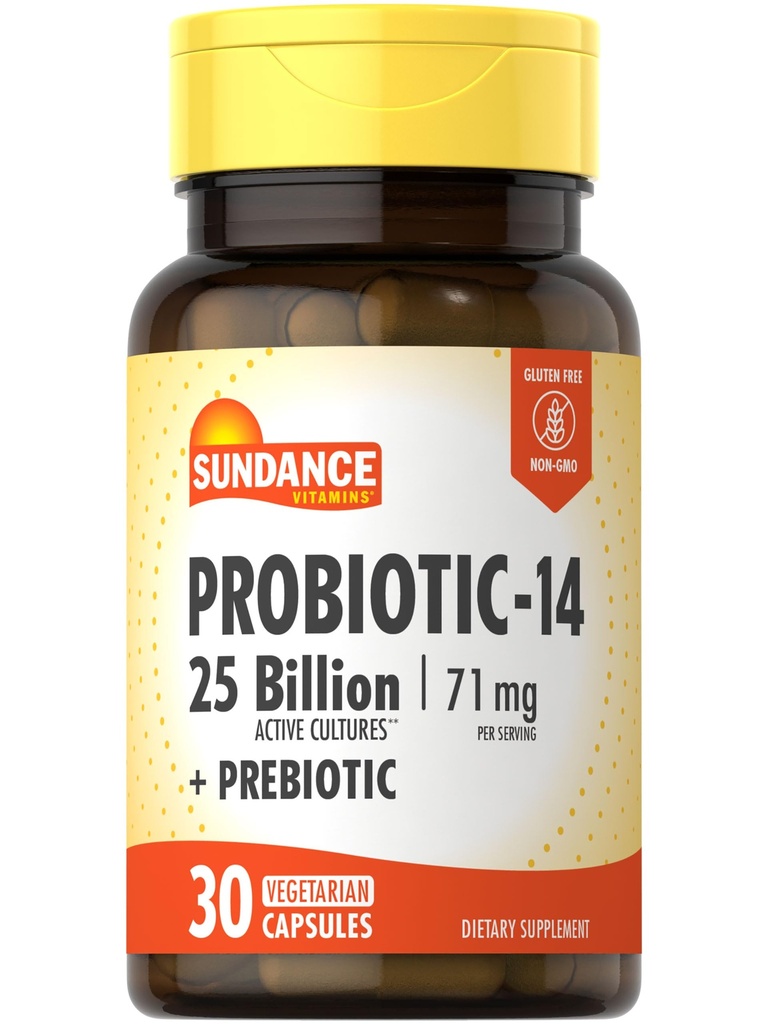 Sundance Probiotic- 14 < 124; 25 Billion Cultures < 124; 30 Capsules < 124; with Prebiotics > 124; Wegetarianin, Non-GMO, and gluten Free Supplement