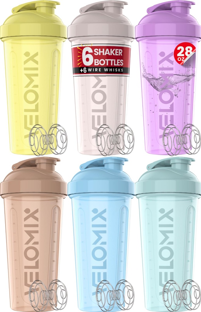 VELOMIX - 6 opakowań - 28 oz butelka shaker protein do mieszania białek - 6x whiskey drut 124; szklanki shaker do shake 'ów protein 124; butelka shaker protein 124; Puchar protein shake (Seria Pastel Power)