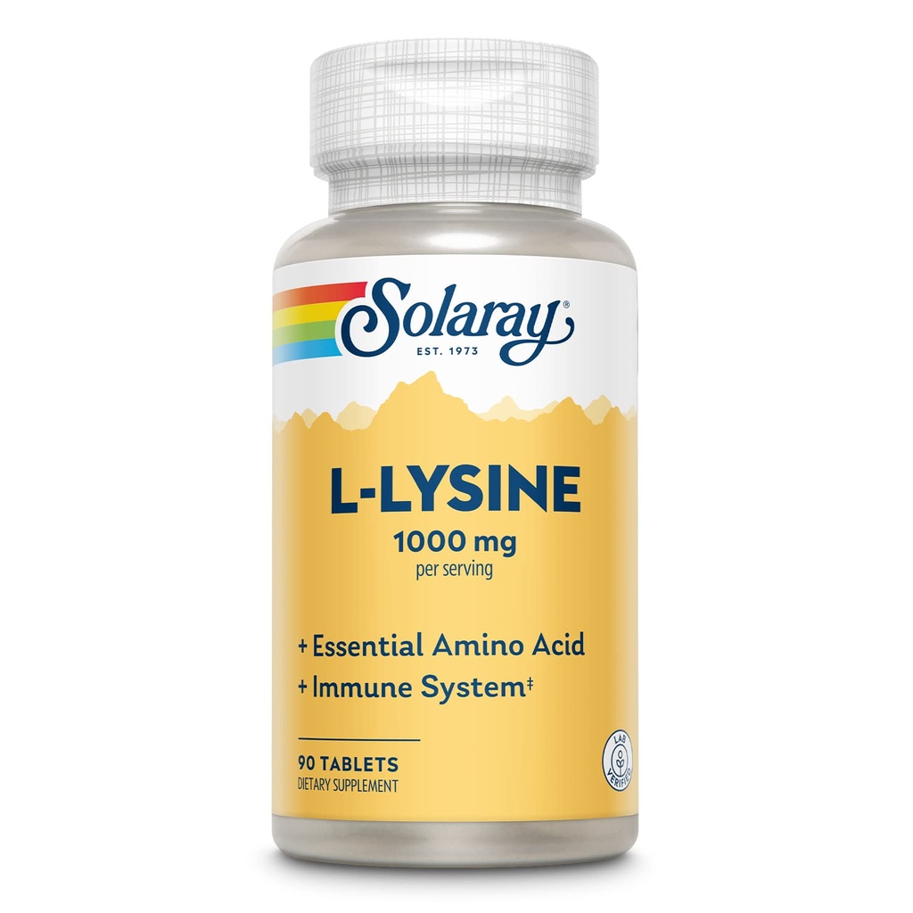 SOLARAY L Lizyna - Free- Form Esential Amino Acid - Suplement wsparcia immunologicznego z 1000mg L- Lizyny, 1000mg witaminy C i 25mg cynku chelatowanego - Laboratorium zweryfikowane, 60- Day Gwarancja, 30 Słupki, 90 Tabletki