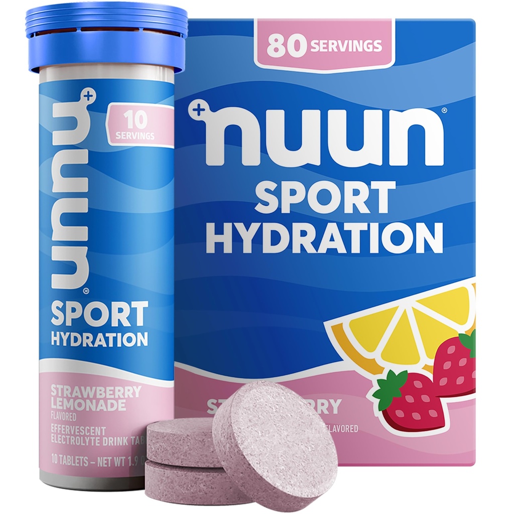 Nuun Sport Electrolyte Tablets z magnezu, Wapń, Potas, Chlorek i Sód, Gluten Free & Wegan, Lemoniada truskawkowa, 8 Pack (80 Służenie ogółem)