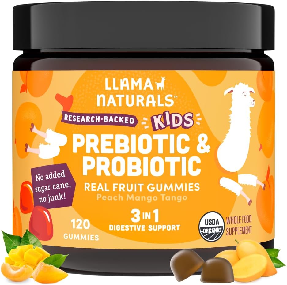 Lama Naturals Kids Probiotic z prebiotycznym włóknem, Wegan, Organiczne Prebiotyki i Gummies Probiotyki dla Gut Health Support, Toddler Real Fruit Gummy Vitamins, No Added Sugar Cane, Peach Mango, 120 Ct