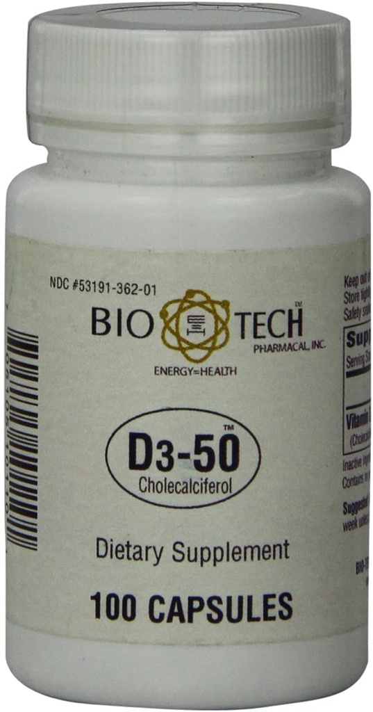 Bio- Tech Pharmacal D3- 50 50 000 IU, 100 Kapsułki All- Natural Supplement Supports Bone, Heart Neuromuscular, & Immunic Health No Dairy, Fish, Gluten, Peanut, Shellfish, & Soy