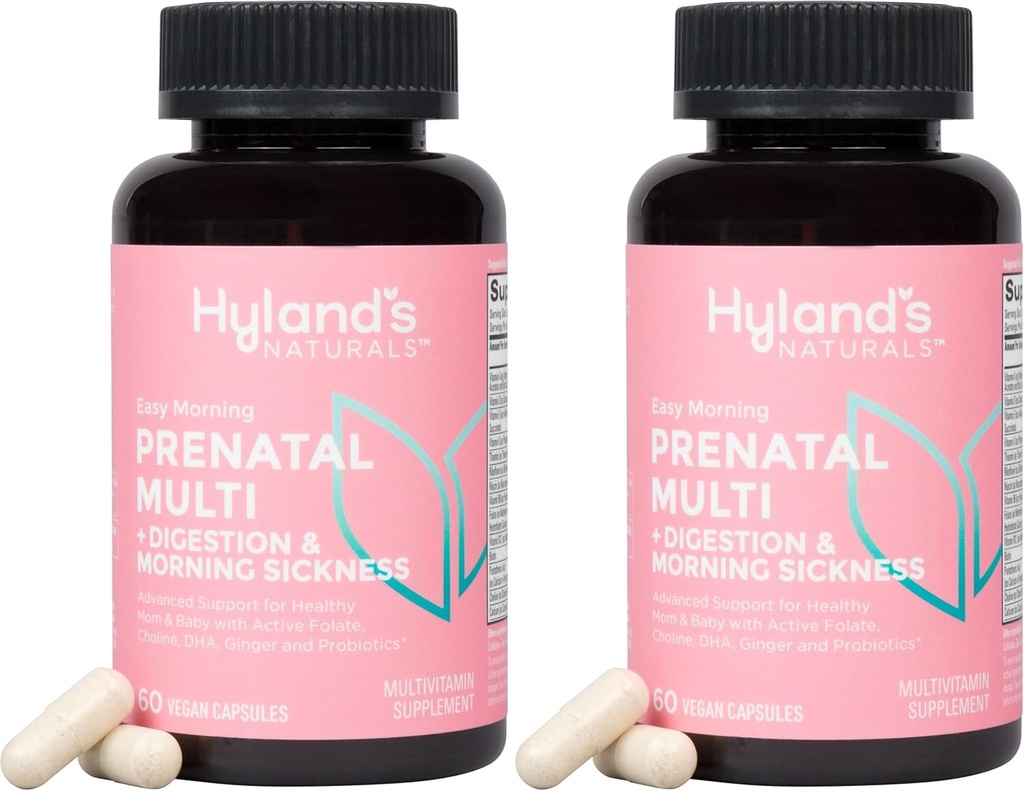 Hyland 's Easy Morning Prenatal Multivitamine and Digestive Health and Morning Dissociate Relief, 60 Vegan Capsules, z folianem, Cholina, Cynk, Ginger Root, Prebiotyki i Algae DHA (Opakowanie 2)