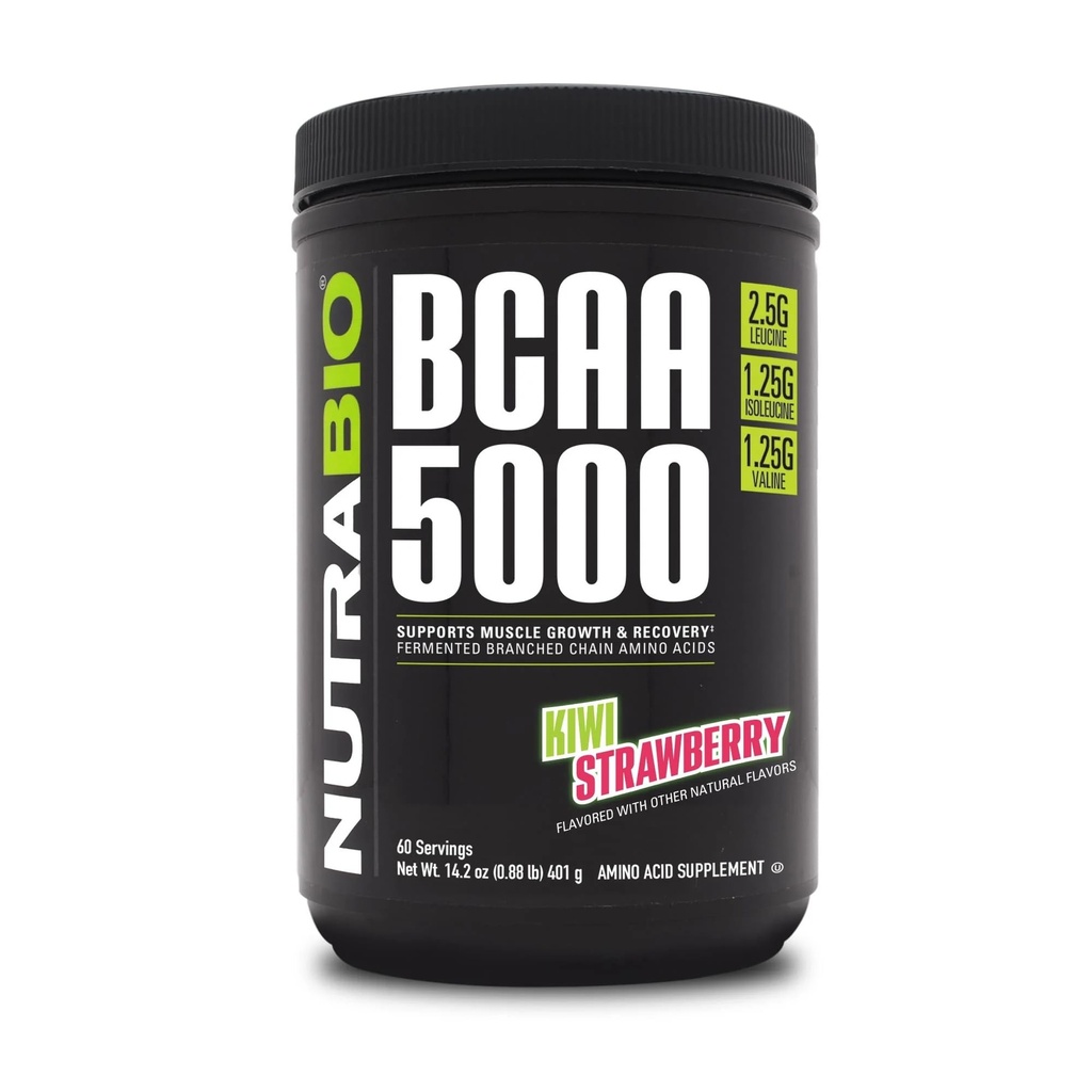 NutraBio BCAA 5000 Proszek - Wegan fermentowany BCAA - Wsparcie Lean Muscle Growth, Recovery, Endurance - 60 Służenie - Kiwi Truskawka
