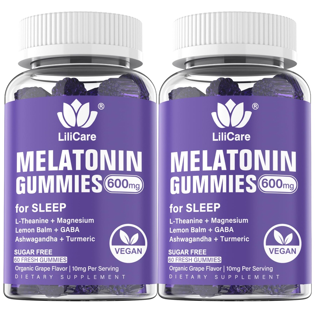 Melatonina 20 mg Gumiaki dla dorosłych (2 opakowania) Dodatkowa siła z L- Theanine, Ashwagandha, Magnez, Turmeric, GABA, Lemon Balm i Rumianek do wspierania zdrowego Rhythm Circadian, Grape Flavor