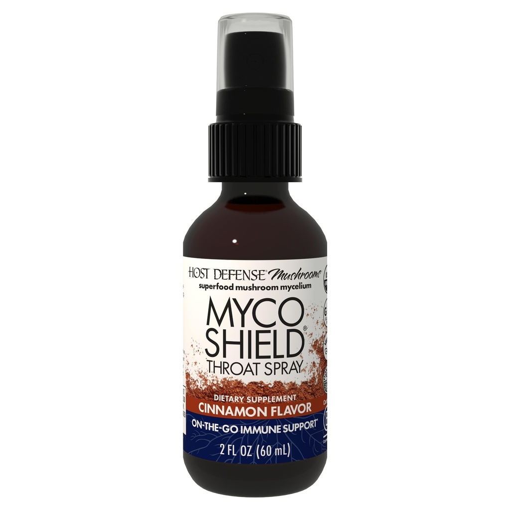 Defense Host MycoShield Throat Spray - Immune Health Support - Dietetyczny suplement do grzybów z Chaga, Reishi, Turcja Tail & More - On- The- Go Immune Support - Cynamon Flavor, 2 fl oz (142 Sługi) *