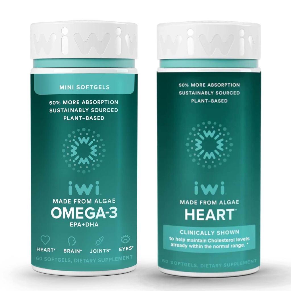 Iwi Omega-3 Minis & Heart Omega-3 Bundle, 30 Służenia, Vegan Plant- Algae Omega 3, Krill & Fish Oil Alternative, No Fishy Aftersmast