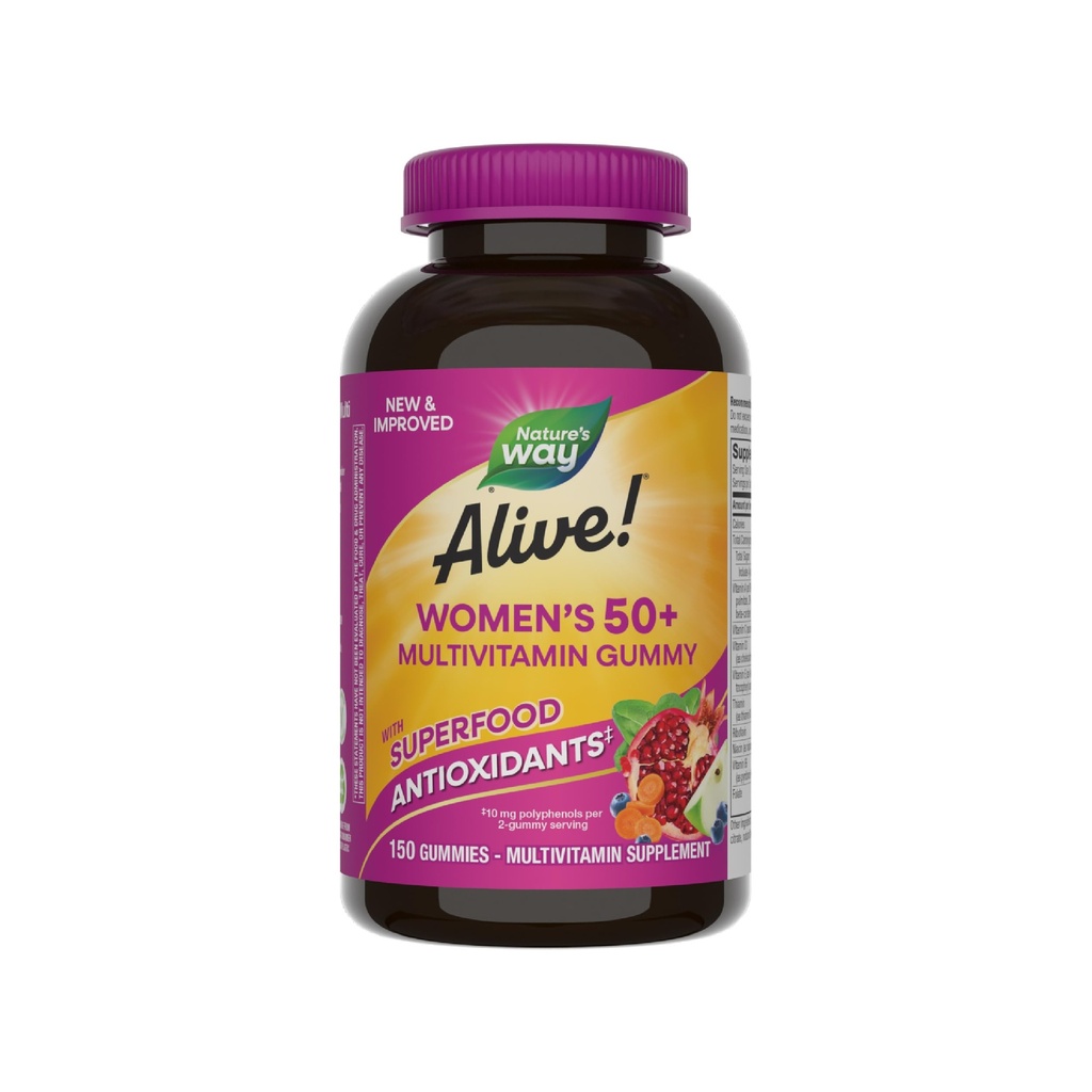 Nature 's Way Alive! Damskie 50 + Daily Gummy Multivitamin, Suplementy damskie, Pomaga zdrowe serce, Mózg i kości, * B- Witaminy, Mieszane Berry Flavored, 150 Gummies (Opakowania maja Vary)