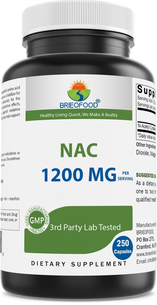 Brieofood NAC Supplement N- Acetyl Cysteine 1200 mg na dawkę 250 kapsułek - Suplement wsparcia immunologicznego