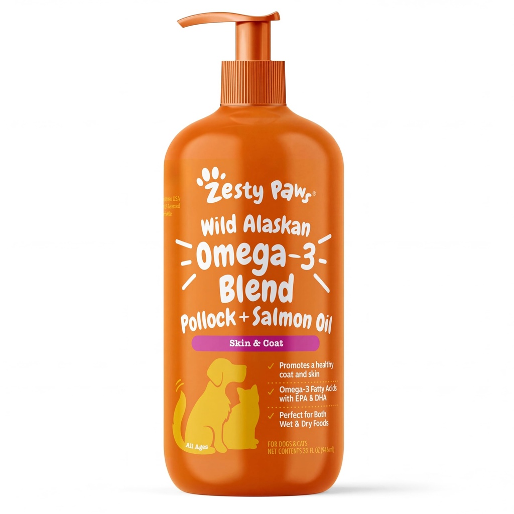 Zesty Łapy Wild Alaskan Omega-3 Mieszanka Pollock + olej łososiowy dla psów i kotów - Wsparcie skóry i płaszcza, Omega 3 Suplement dla zwierząt domowych, 32oz