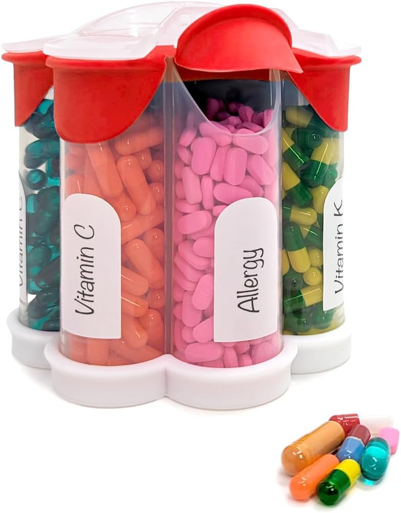 Extra Duży Pill Organizator Codziennie, Tygodniowy, Miesięczny Suplement Butelka, Cute Blossom Pill Dispenser z 7 XL Komory, Easy- Otwarte Pudełko na witaminy, Leki, Etykiety Zawarte (Czerwony)