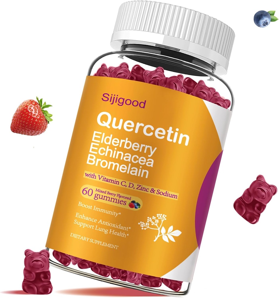 Gumie Quercetin z bromelainem, Elderberry, Echinacea, Witamina C D Cynk - Wsparcie dla systemu immunologicznego 60 Liczy Gummeje Pure Quercetin dla dzieci i dorosłych