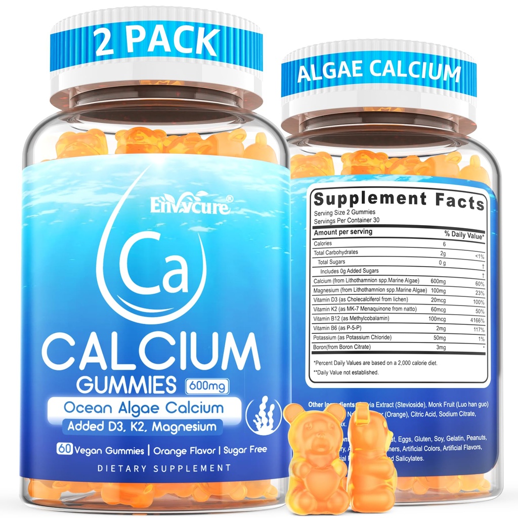 Gummie wapniowe 600mg - Suplement wapnia dla kobiet, Ocean Algae Wapnia 124; Witamina D3, K2, Magnezu 124; dla kości Siła, Mięśnie i Immnue 124; Trwałe Algi Algi Wapnia, 70 + Mineral, Wegan, 2PACK