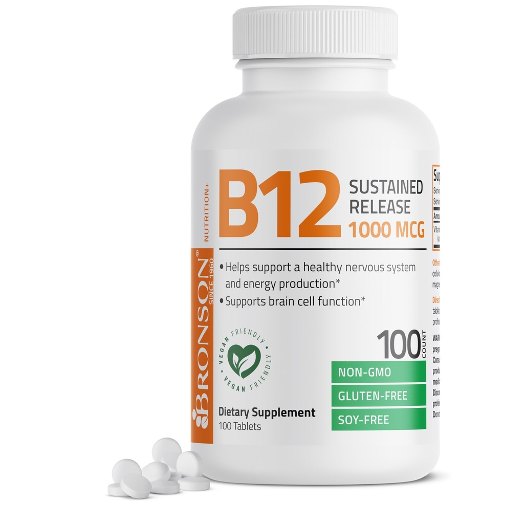 Bronson Witamina B12 1000 µg Trwałe uwalnianie Premium Nie GMO Tabletki Wspomaga układ nerwowy, Zdrowy mózg Funkcje i wytwarzanie energii, 100 Liczba
