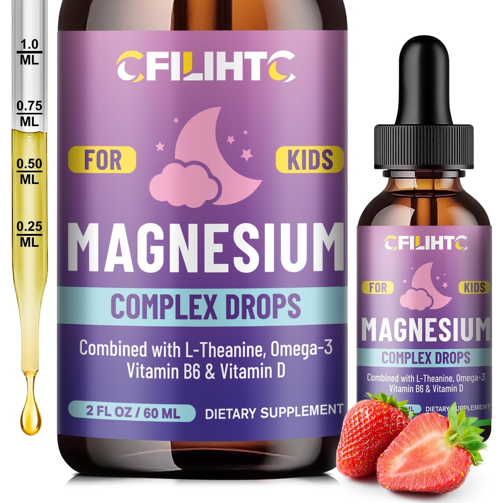 Dzieci Magnezu płynne Dropsy - Magnezu Glicynian Płyn dla dzieci Suplement - w / L- teanina, Omega-3, Witamina B6, D3 - dla snu, Relaks, Mózg, Kości - 2 Fl Oz Dzieci 's Calm, Strawberry Flavor