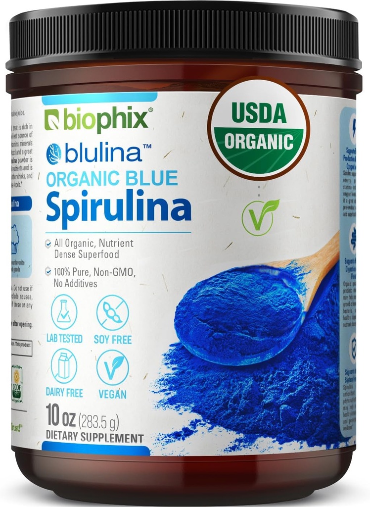biophix Blue Spirulina Proszek Organiczny Blulina 10 oz - Algae Organic Spirulina Proszek 283 Sługi - Superfood Suplement - Naturalny niebieski Pigment - Espirulina en Polvo Organica Pura Azul