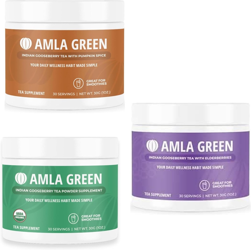Amla Powder, Green Herbata Superfood Suplement z dyni Spice & Indian Gooseberry & Elderberry, Organic, Wegan, 30 Służenie