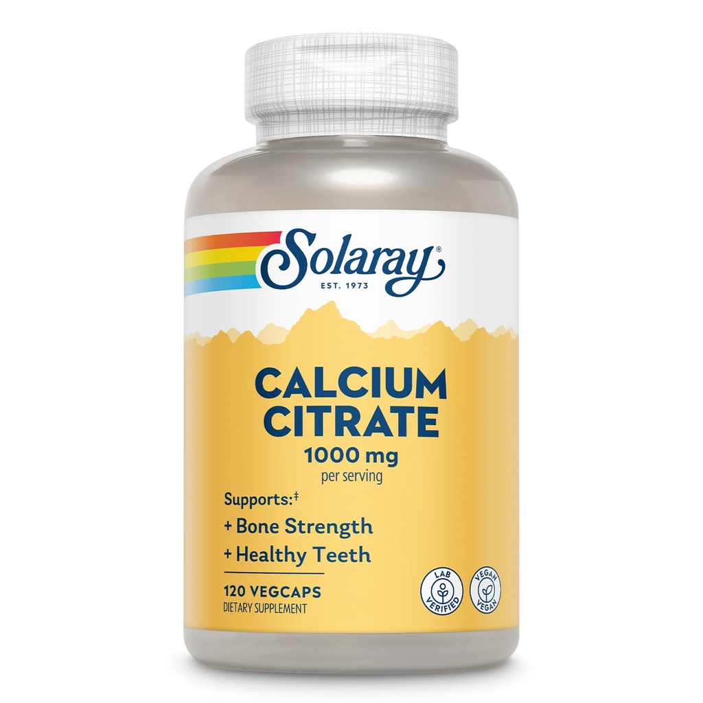 Solaray Wapnia Citrate 1000mg - Chelated Calcium Supplement - Wspiera wytrzymałość kości i zdrowe zęby - Łatwe w trawieniu - 60- Day Guarantee, Vegan - 30 Servings, 120 VegCaps