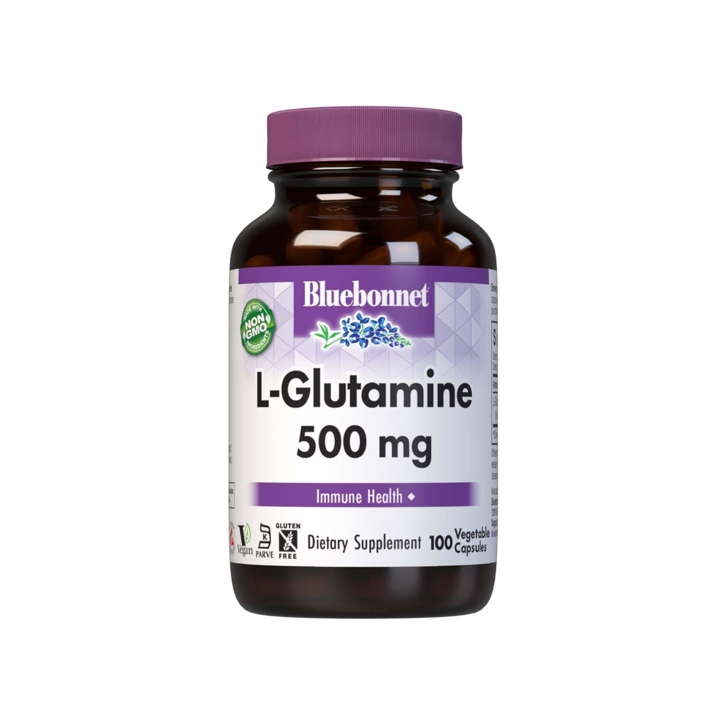 Bluebonnet Nutrition L- Glutamine 500mg, Wspomaga funkcję immunologiczną *, Transporter azotu *, Soy- Free, Gluten- Free, Non- GMO, Kosher Certified, Wegan, 100 Kapsułki roślinne, 100 Sługi