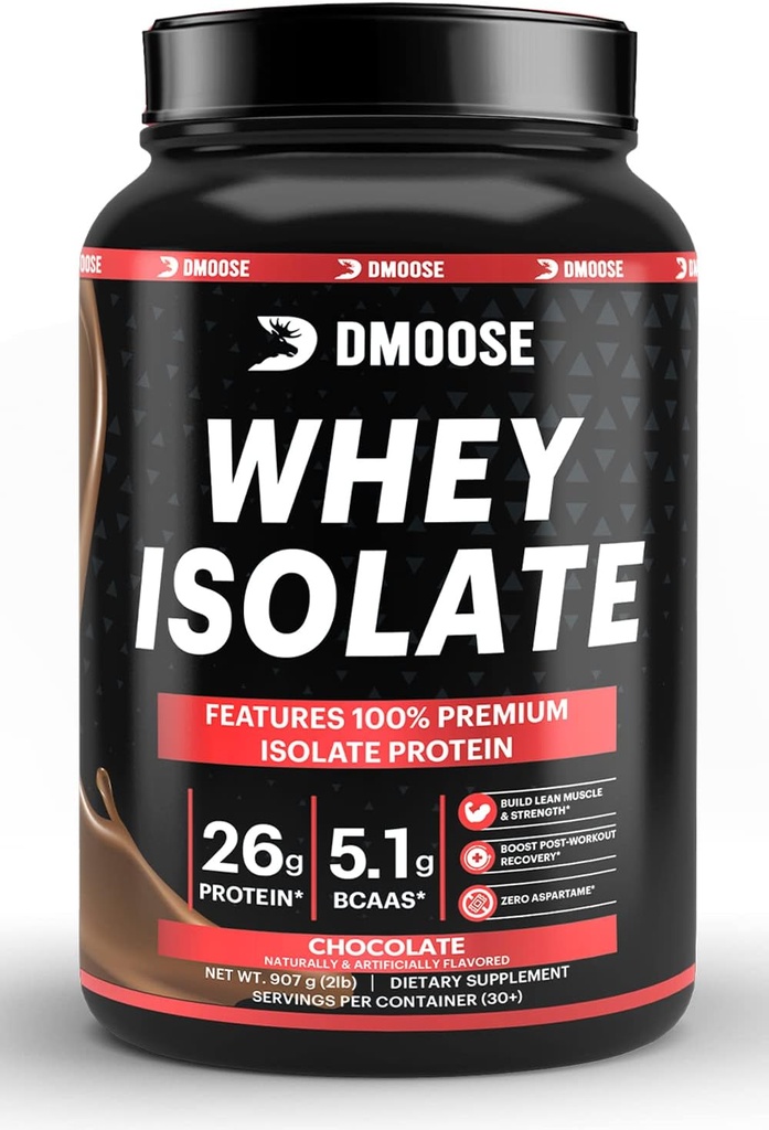 Domoose Whey Isolate Protein Powder I 26 g Protein I 5.1g BCAAS I Gluten Free I Pomaga utrzymać masę mięśniową & zmniejszyć czas odzyskiwania I Czekolada & Wanilia I 30 Służenie