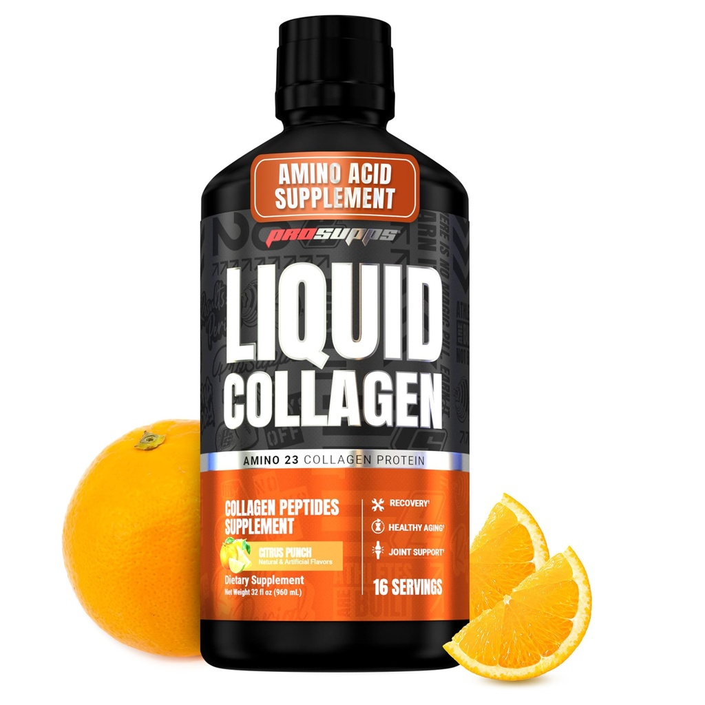 PROSUPPS Amino23 Liquid Collagen Shots, Citrus Punch - Collagen Peptide Post Workout Suplement do ćwiczeń wspomaga zdrowe starzenie, joints, Skóra i włosy - Bez gluten- & Zero cukru - 16 Służenie