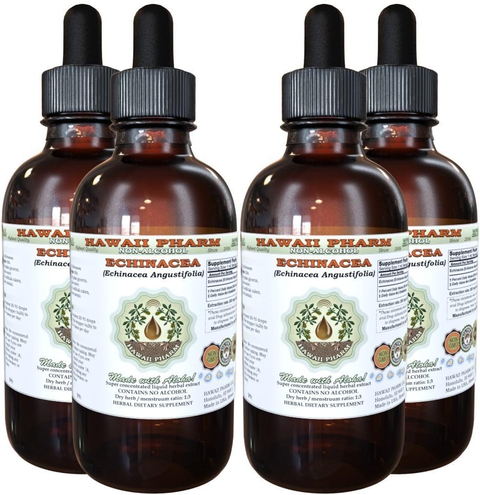 Echinacea Alcohol- Free Liquid Extract, Echinacea (Echinacea Angustifolia) Suszony gliceryt korzeniowy Hawaje Pharm Natural Herbal Supplement 4x4 oz