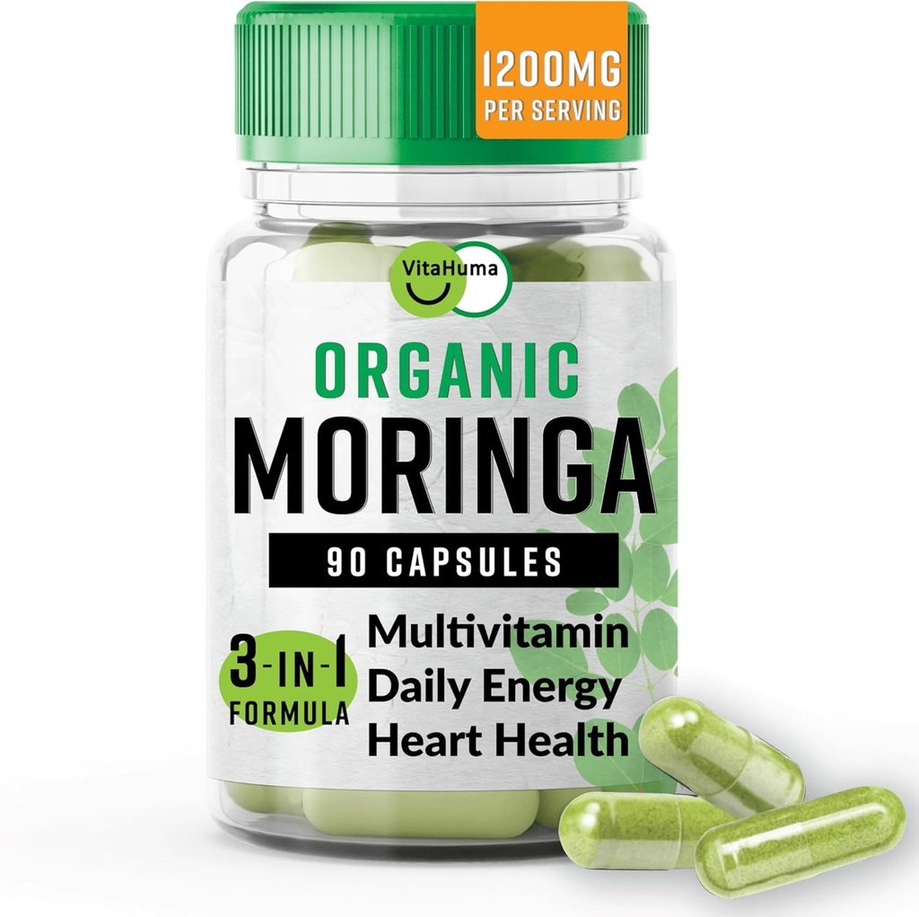 Organic Moringa, Nutrient- Dense Antioksydant Support with Witamina C, A, E, Wapń, Potas, Żelazo, Magnez, Białko i Amino Kwasy dla Hydration & Energy, Wegan, 1200 MG Per Serving, 90 CT