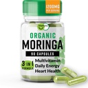 Organic Moringa, Nutrient- Dense Antioksydant Support with Witamina C, A, E, Wapń, Potas, Żelazo, Magnez, Białko i Amino Kwasy dla Hydration & Energy, Wegan, 1200 MG Per Serving, 90 CT