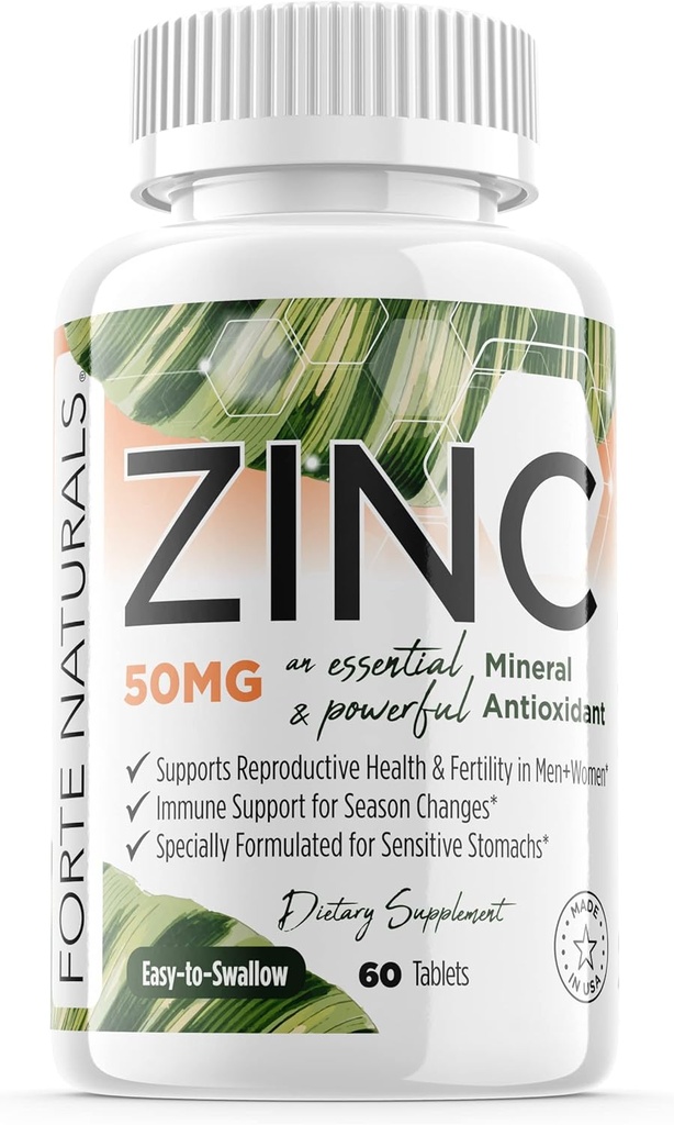 Cynk 50 mg, (60 tabletek), Specjalnie przygotowany do czułych żołądków, Wsparcie immunologiczne, Skóra i włosy, Wegański suplement cynku, Non-GMO Made in USA