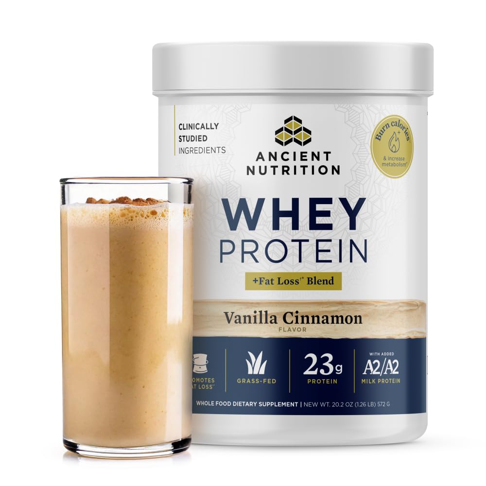 Ancient Nutrition Grass Fed Protein Serwatka + Mieszanka tłuszczowa, Wanilia Cynamon, 23 g Białko, Promotes Fat Loss and Boost Metabolizm, Organic Regenerative A2 / A2 Białko mleka, 18 Służenie
