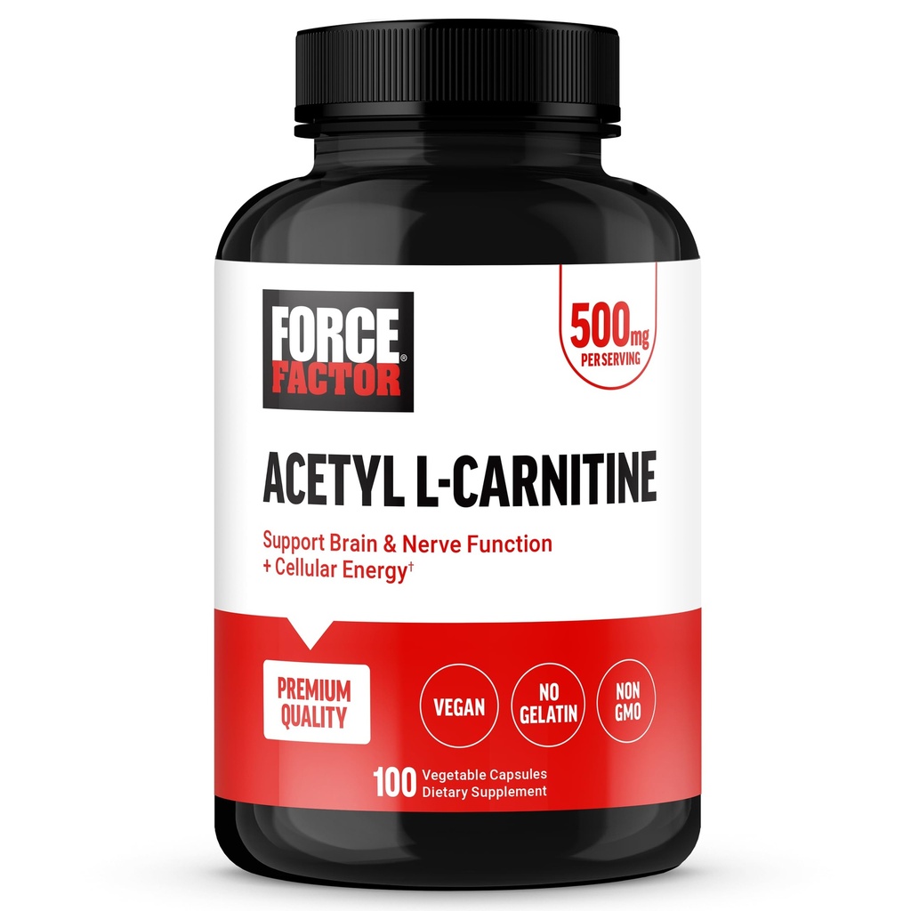 Force Factor Acetyl L- Carnitine Brain Supplement, Nerve Supplement, and Cellular Energy Booster, Acetyl L- Carnitine 500mg, Premium Quality, Vegan, Non-GMO, 100 Kapsułki roślinne