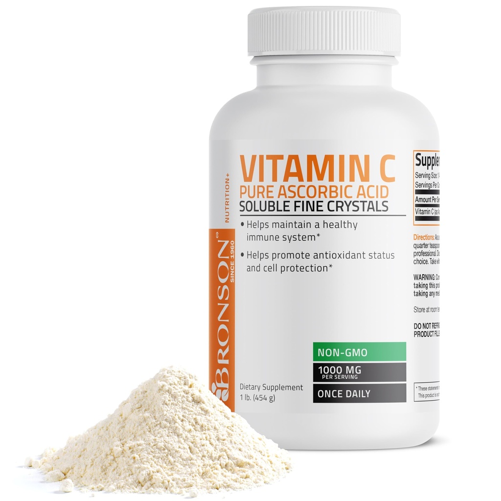 Bronson Witamina C Proszek Czysty kwas askorbinowy Rozpuszczalny Fine Non GMO Kryształy - Promotes Zdrowy system immunologiczny i ochrona komórek - Potężny przeciwutleniacz - 1 funt (16 uncji)