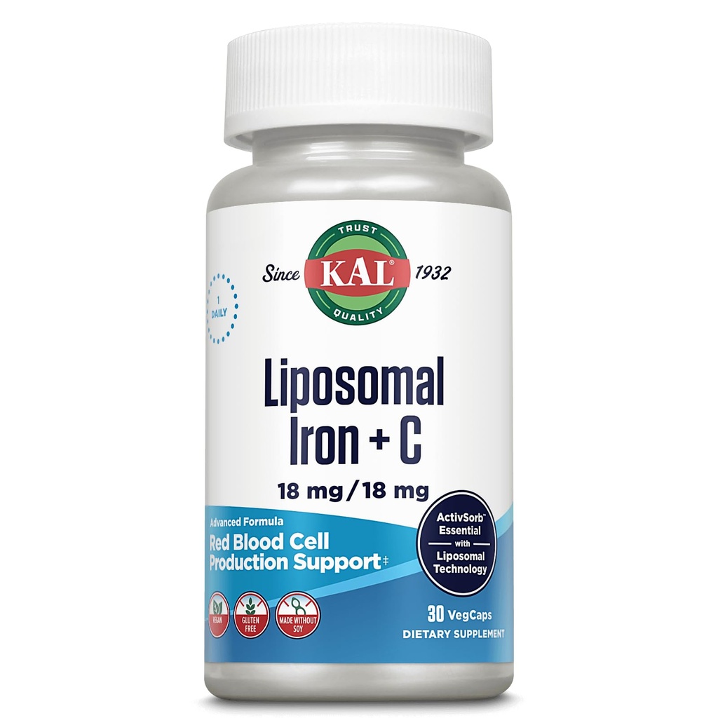 KAL Liposomal Żelazo Suplement z witaminą liposomalną C, Żelazo Suplement dla Kobiet i Mężczyzn, Wysoka absorpcja, Delikatne Iron Pills, Wegan, Gluten Free, 30 Służenie, 30 VegCaps