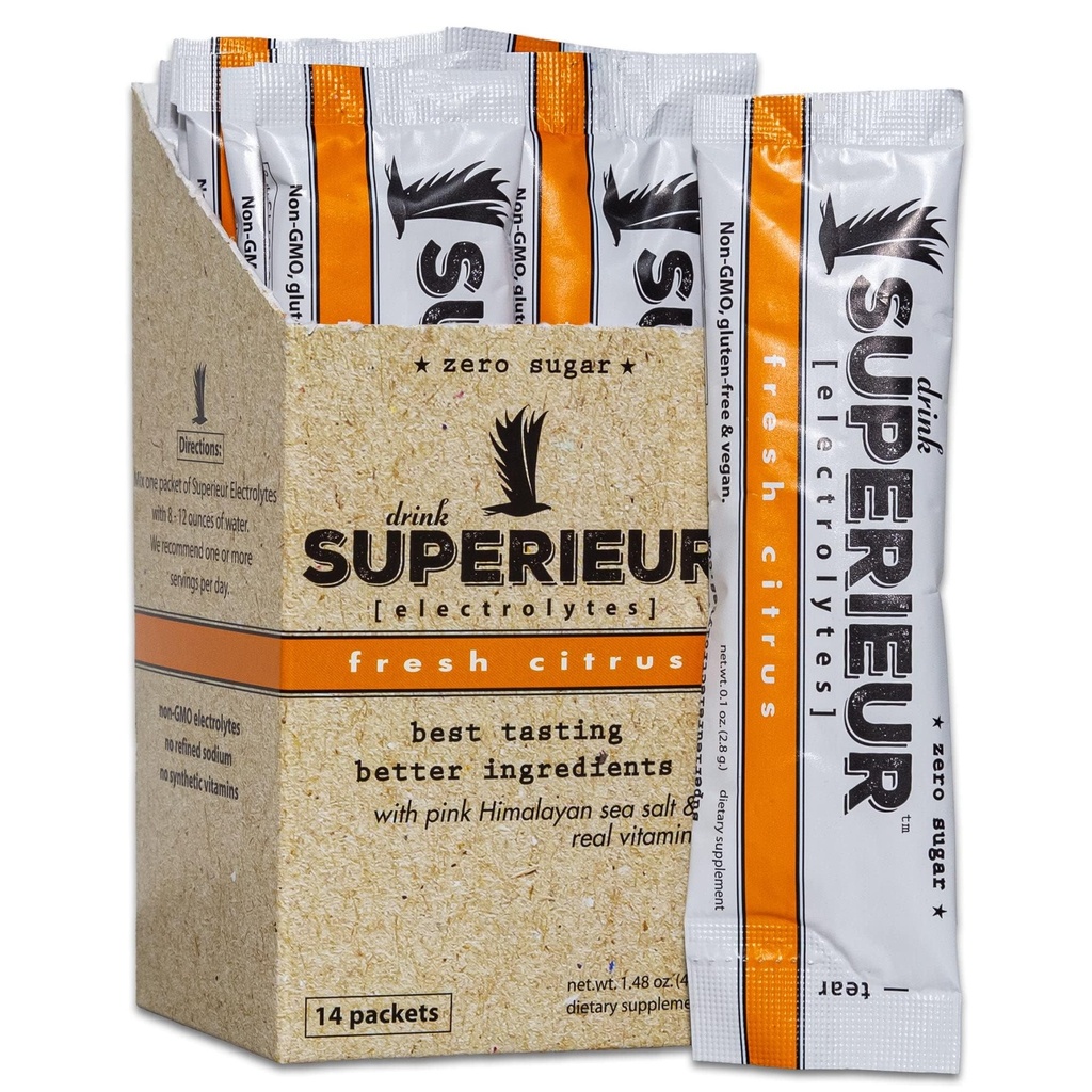 Superior Electrolyte Powder Pakiety - Wegan Electrolyte Hydration Powder w / Sea Minerals - Keto Friendly, Nie-GMO, Zero Sugar Electrolyte Supplement - Zdrowy napój sportowy - Citrus (14 pakietów)