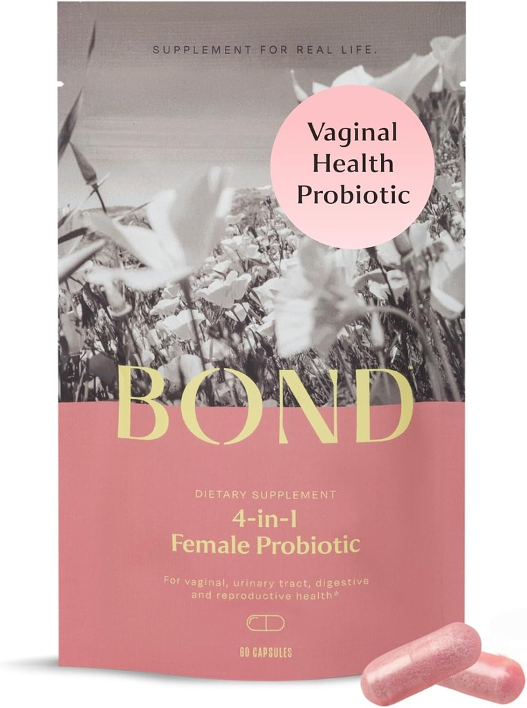 BOND 4- in-1 Probiotyki waginalne dla kobiet z rośliną pochwową, kontrolą zapachu, Yeast & pH Równowaga dla kobiet - Daily Lactobacillus Formula (5 Billion CFU), z Prebiotyki i Żurawiny, 60 Kapsułki (2 / dzień)
